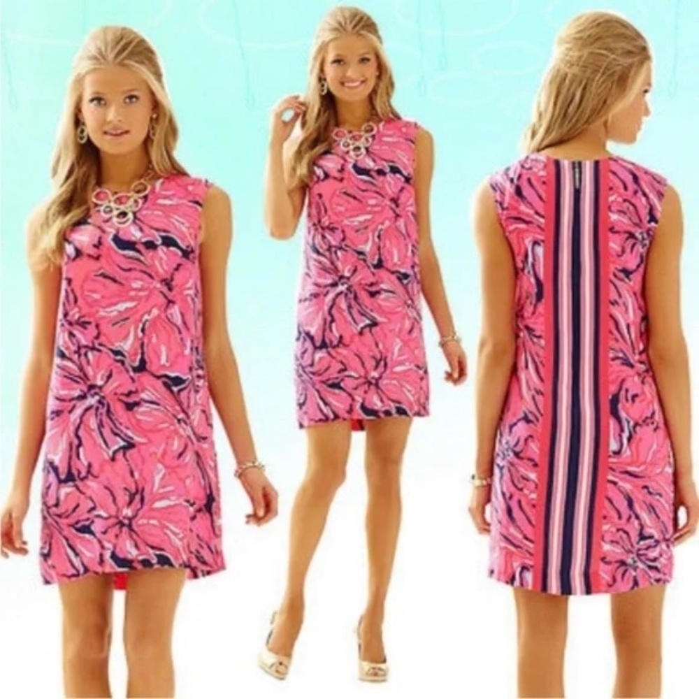 Lilly Pulitzer Pink Floral Iona Dress in Bright Navy Flirty
